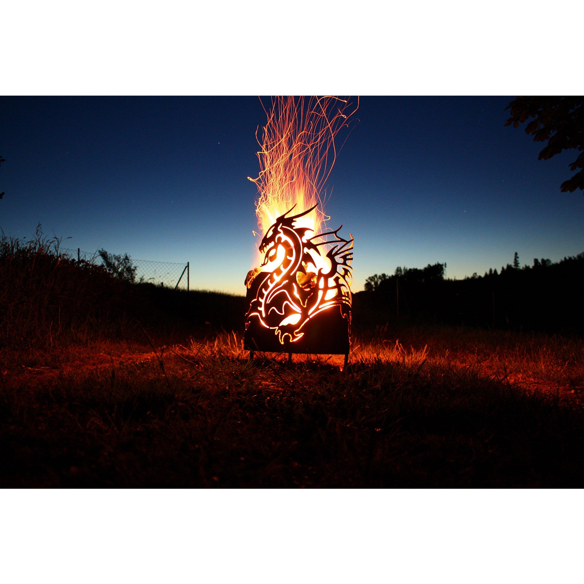 Feuerkorb rund Feuerschale aus Metall mit Drachen Motiv im Edelrost Design