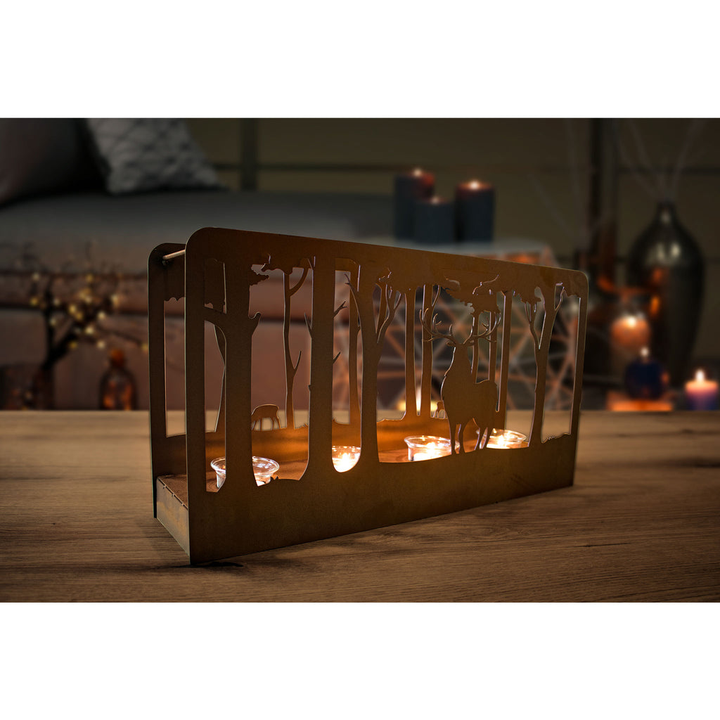 Edelrost "LICHTERKASTEN - WALD" Adventskranz mit Waldmotiv