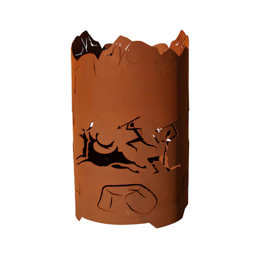 Feuerkorb rund aus Metall im Steinzeitmotiv aus Edelrost Rostdeko Gartendeko