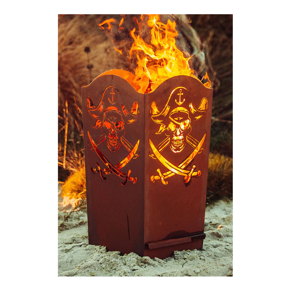 Feuerkorb aus Metall im Piraten Motiv aus Edelrost Feuerstelle Gaten Rostdeko