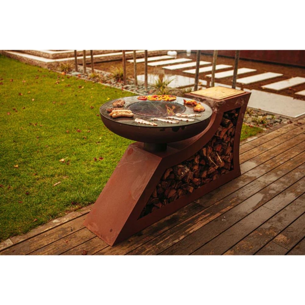 Grill Grillstelle Feuerstelle Holzkohlegrill XL L-Form mit Holzlege