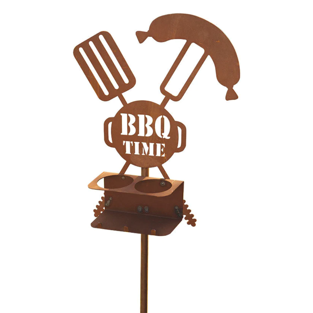 Gartenstecker BBQ-Time als Bierflaschen & Grillbesteckhalter im Edelrost Design