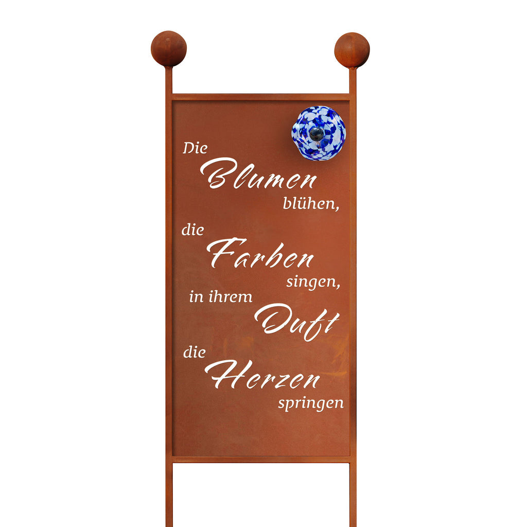 Gartenstecker XL aus Edelrost mit Blumenpoesie mit Glasblüte