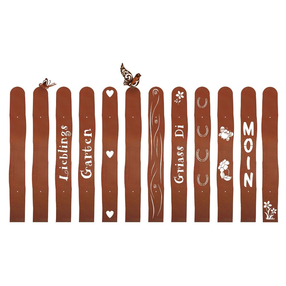 Handgefertigte Zaunlatten aus Edelrost, perfekt für individuelle Gartenzäune, in verschiedenen Designs verfügbar.