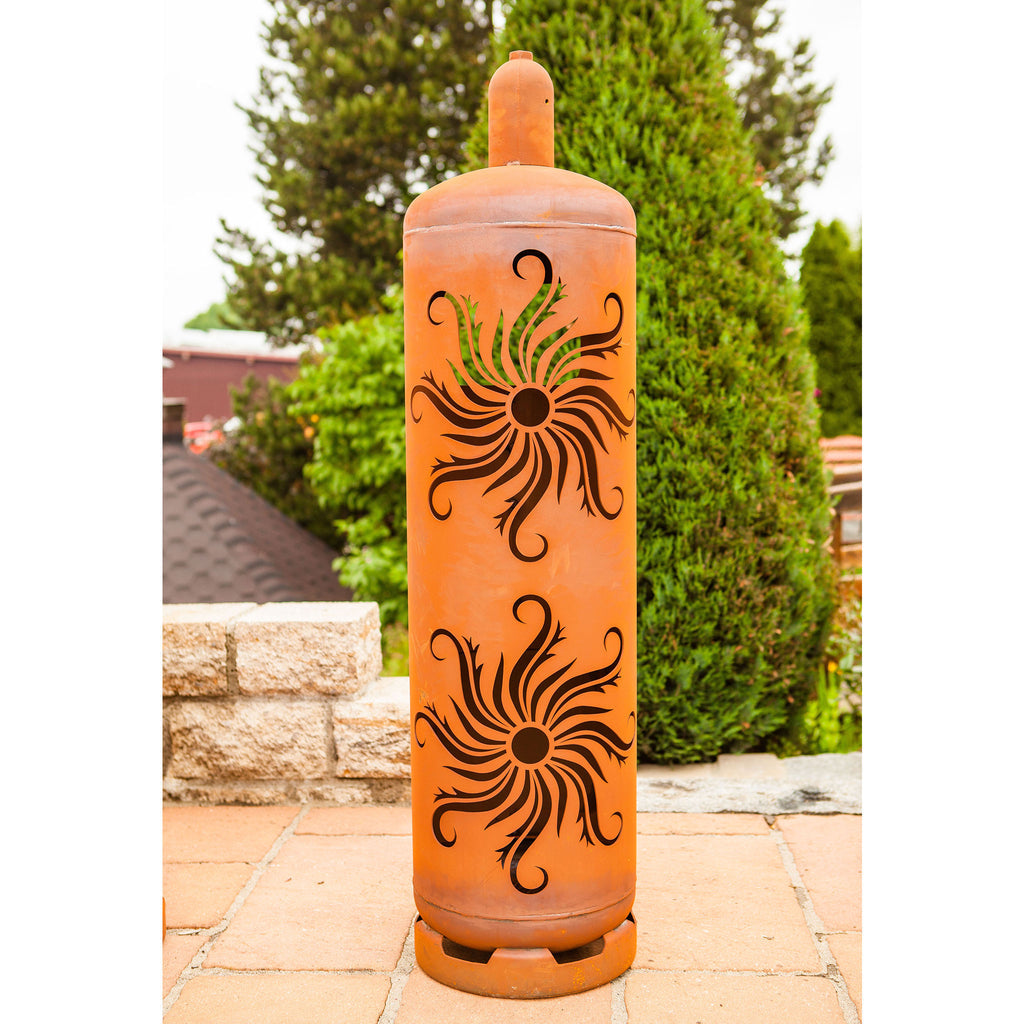 Gasflasche Sonne - Edelrost Feuersäule 128 cm Feuertonne Sonnenmotiv