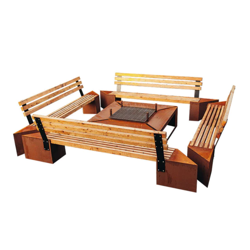 Feuerstelle Holzkohlegrill XL Friendship Edelrost mit Grill und Bänken