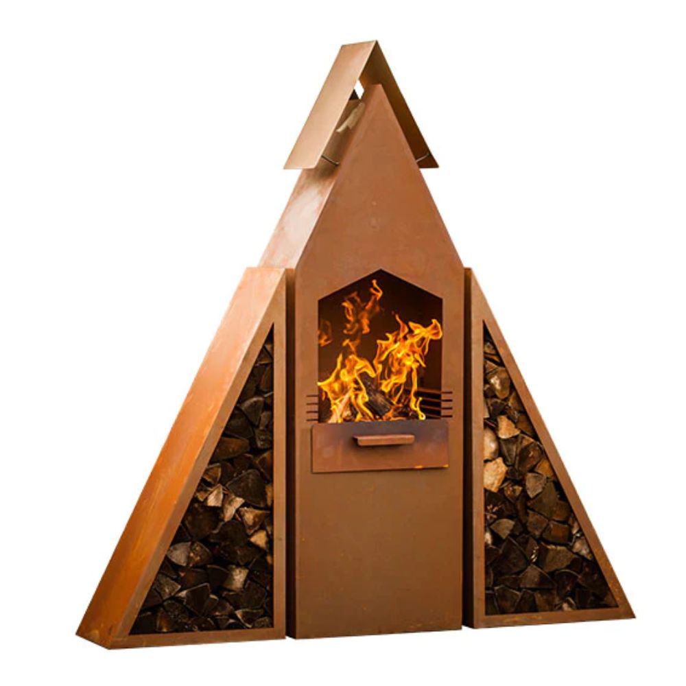 Grill Holzkohlegrill XL Pyramidengrill mit Holzlege aus Metall in Edelrost