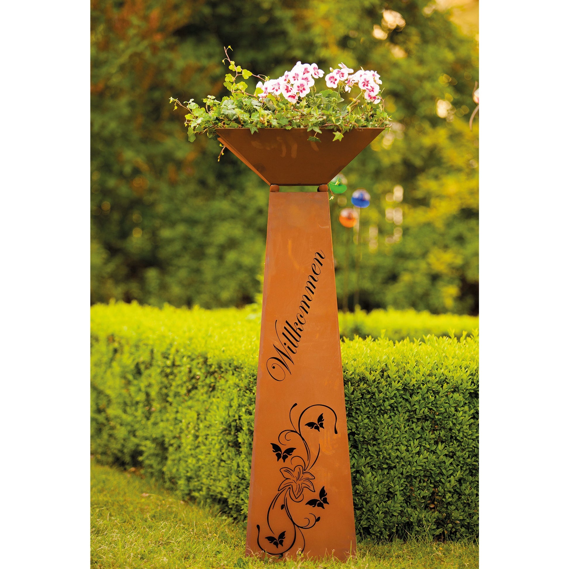 Trapez-Säule Willkommen Lilie Edelrost Säule Rostsäule Gartendeko Rostdeko Rost