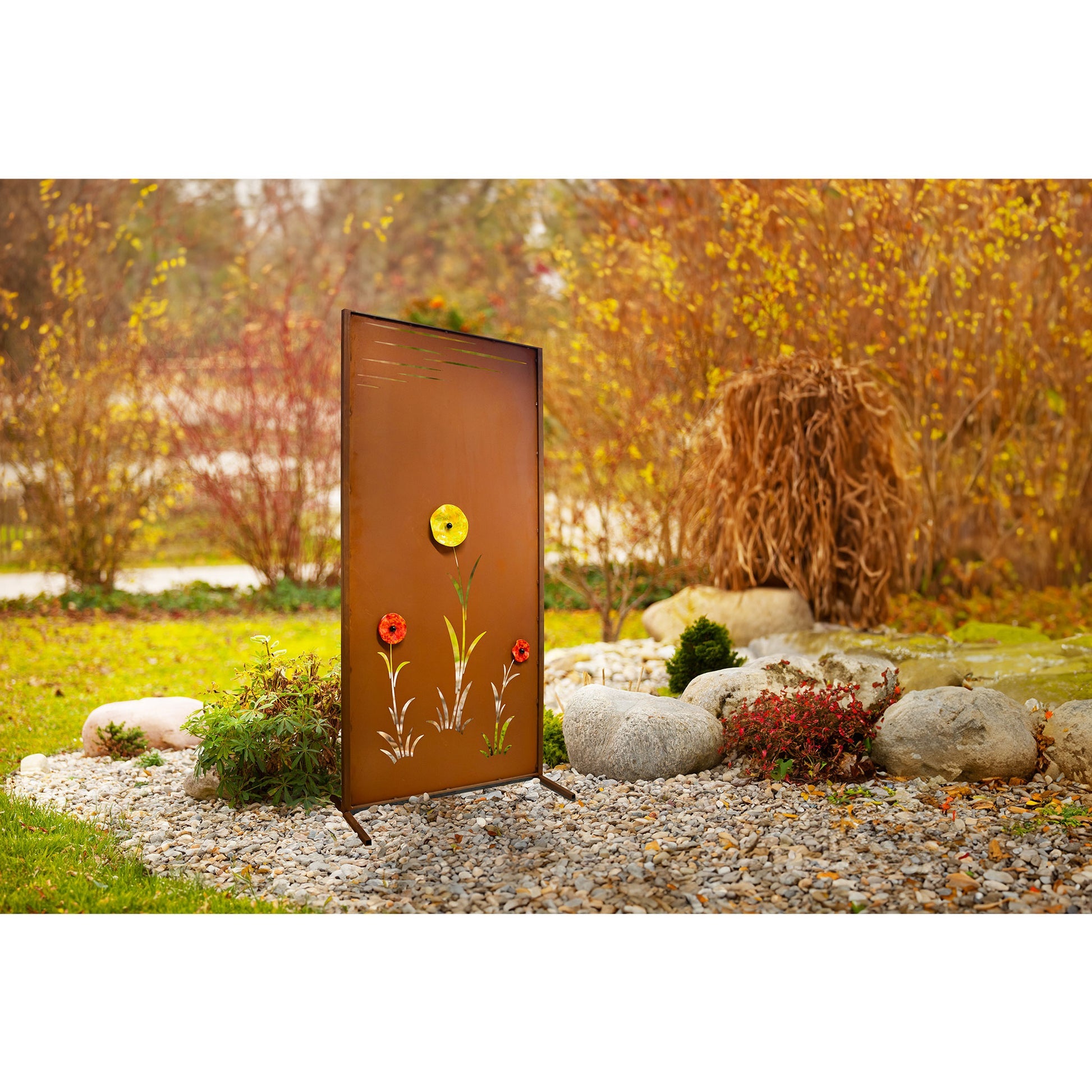 Sichtschutzwand Edelrost - Blütenmeer Motiv - Metall Trennwand mit Glasblüten