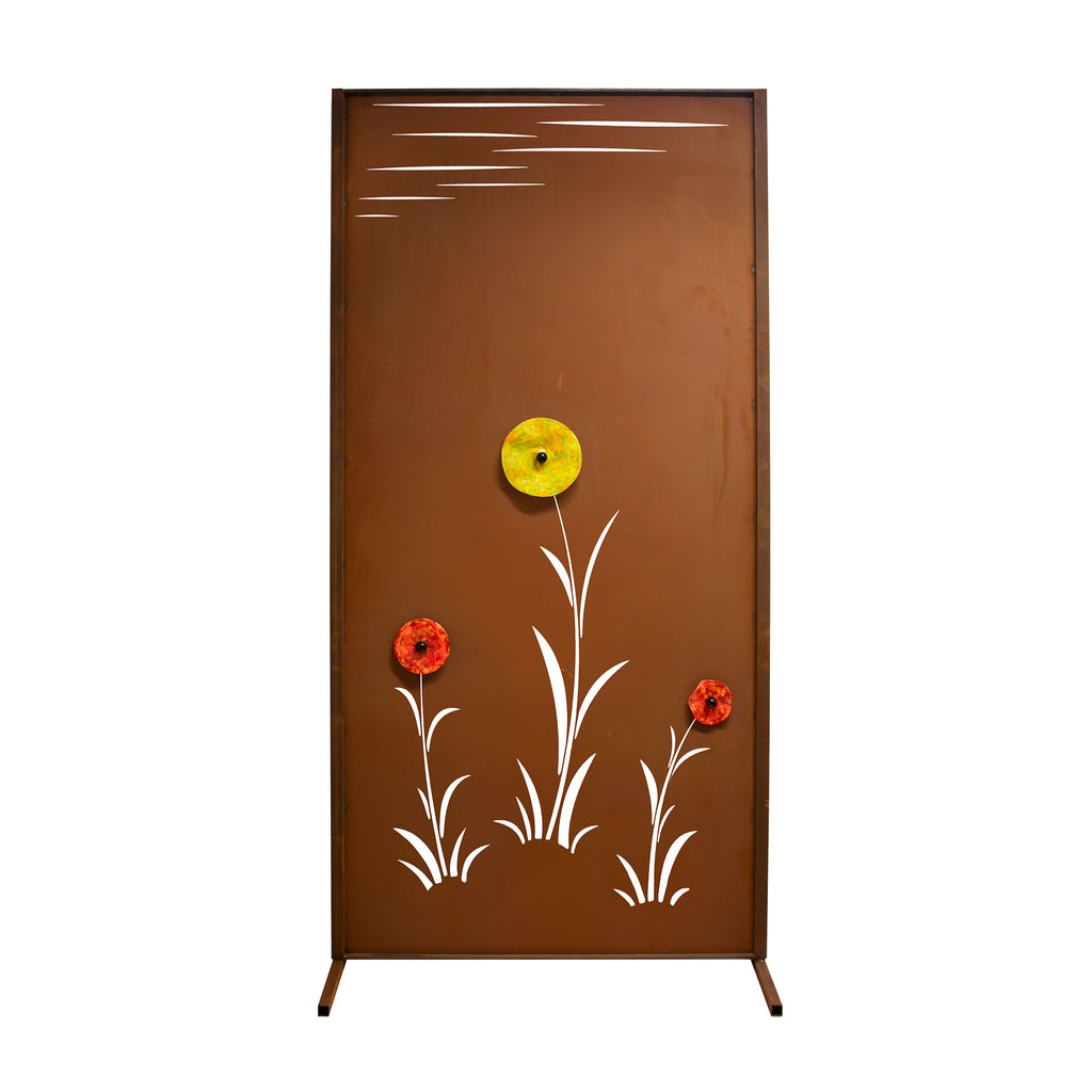 Sichtschutzwand Edelrost - Blütenmeer Motiv - Metall Trennwand mit Glasblüten