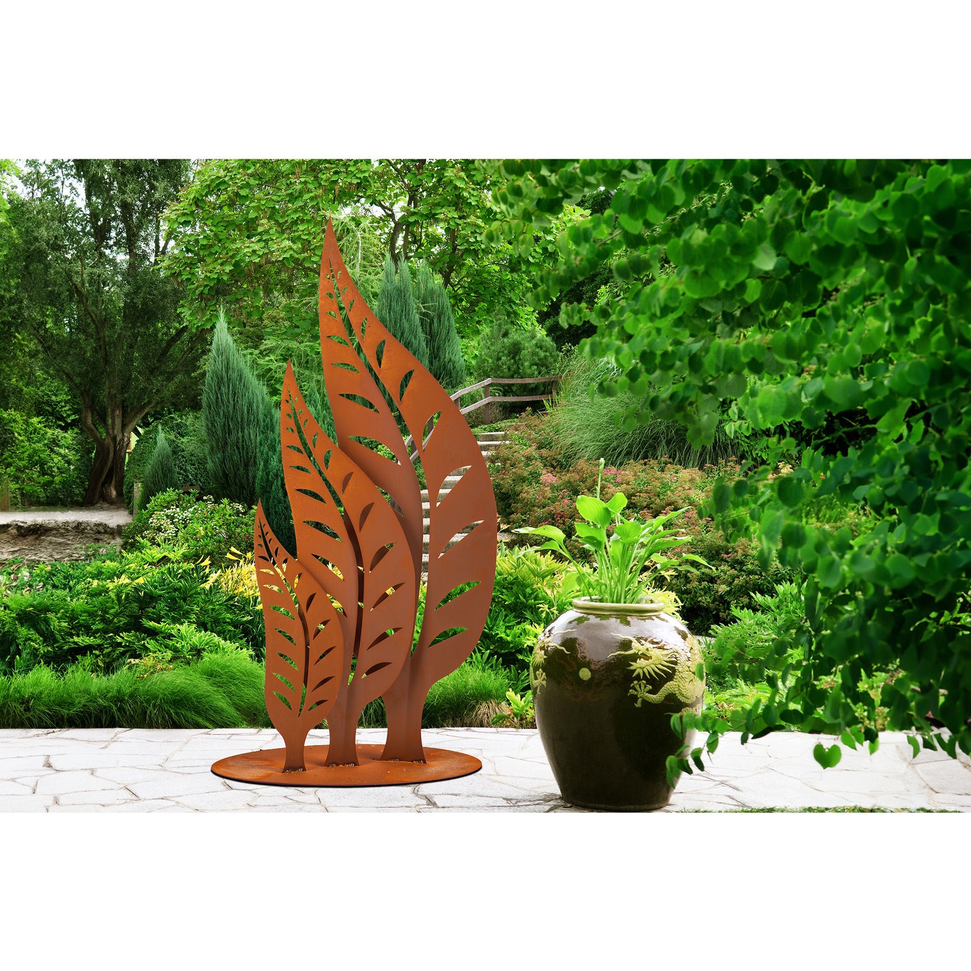 Skulptur Blätter im Wind Set Metall Gartendeko Edelrost Patina