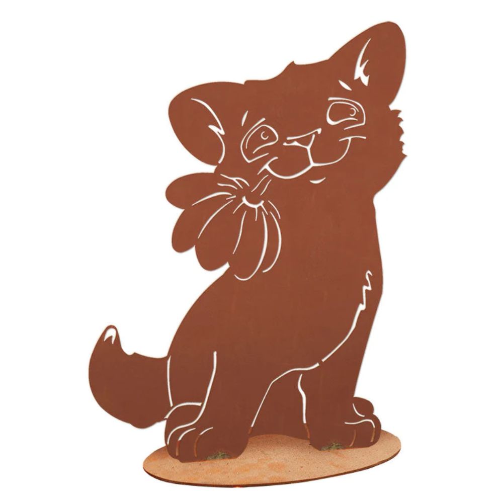 Katzenfigur Metall - Katze mit Blume - Tierskulptur Edelrost Katzenliebhaber