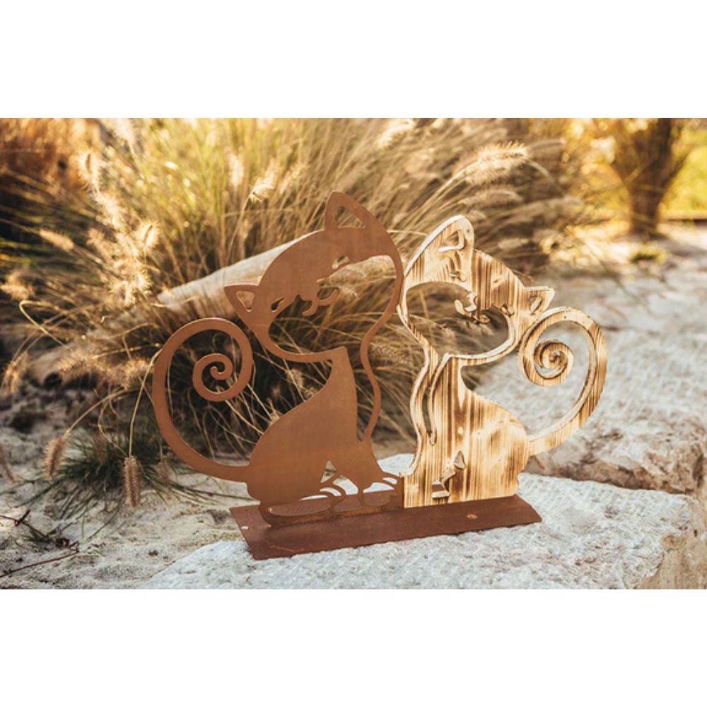Tierfigur - Katzenpaar Robert & Carmen - aus Metall und Holz Deko Katzenfigur