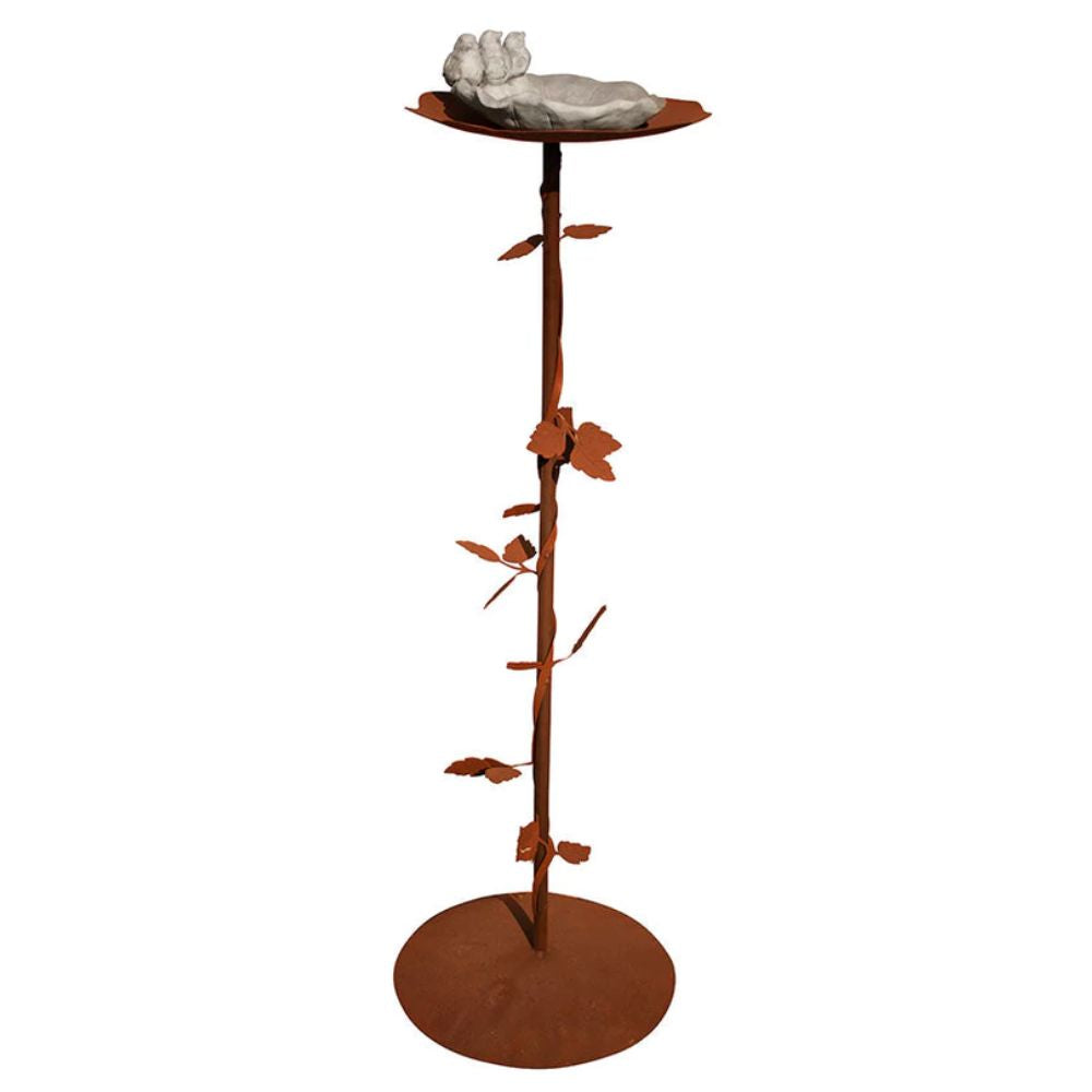 Vogeltränke aus Edelrost mit Polyresin Vögel in Steinoptik inkl. Gartenstecker