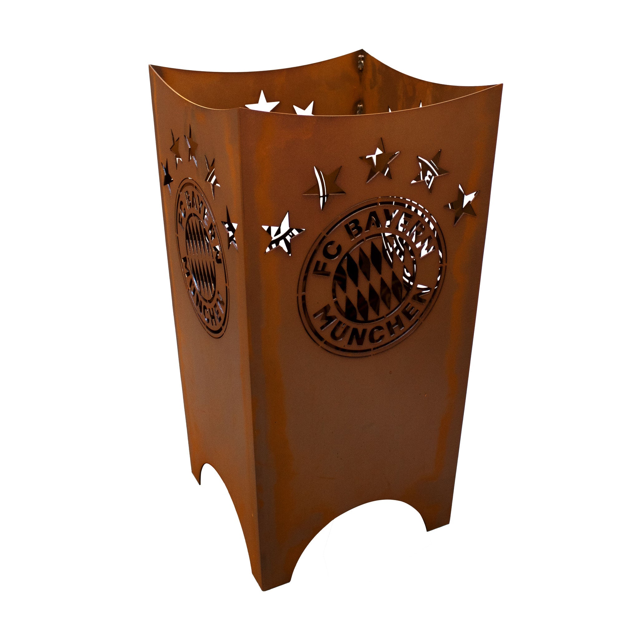 FC Bayern Feuerkorb mit Logo und 5 Sterne Edelrost Design Feuerstelle aus Metall