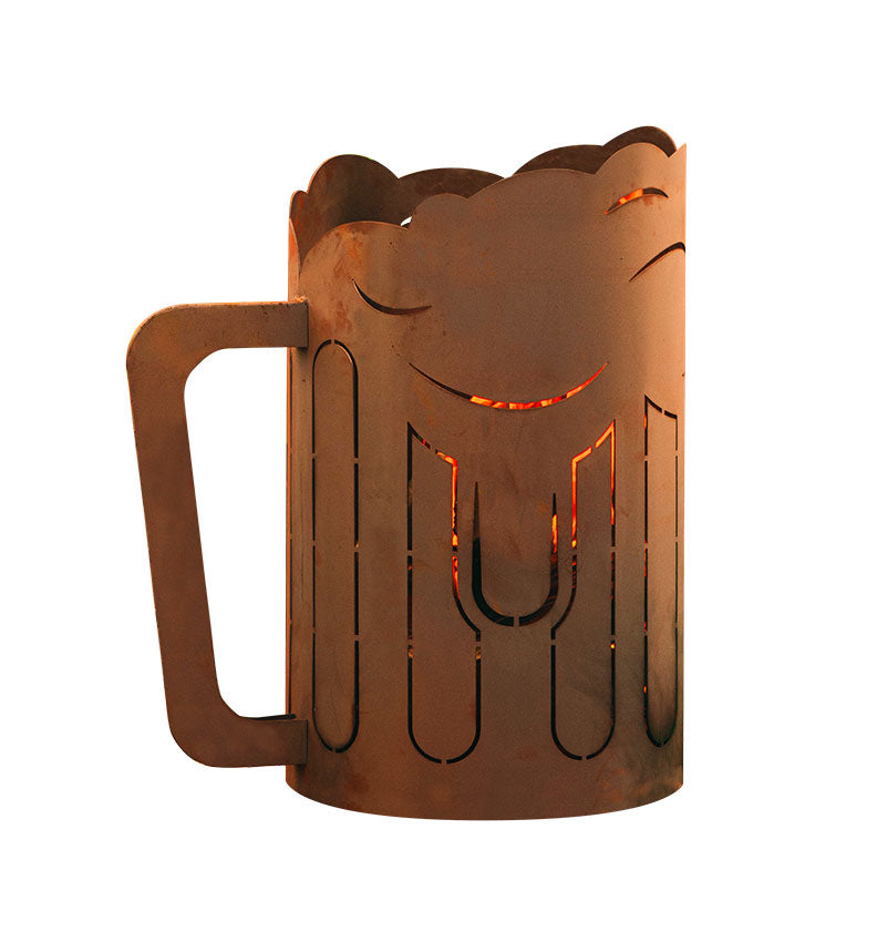 Feuerkorb aus Metall im Bierkrugdesign aus Edelrost Rostdeko Gartendeko