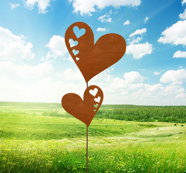 Gartenstab aus Edelrost 2 Herzen mit Herzausschnitt Gartendeko Rostdeko