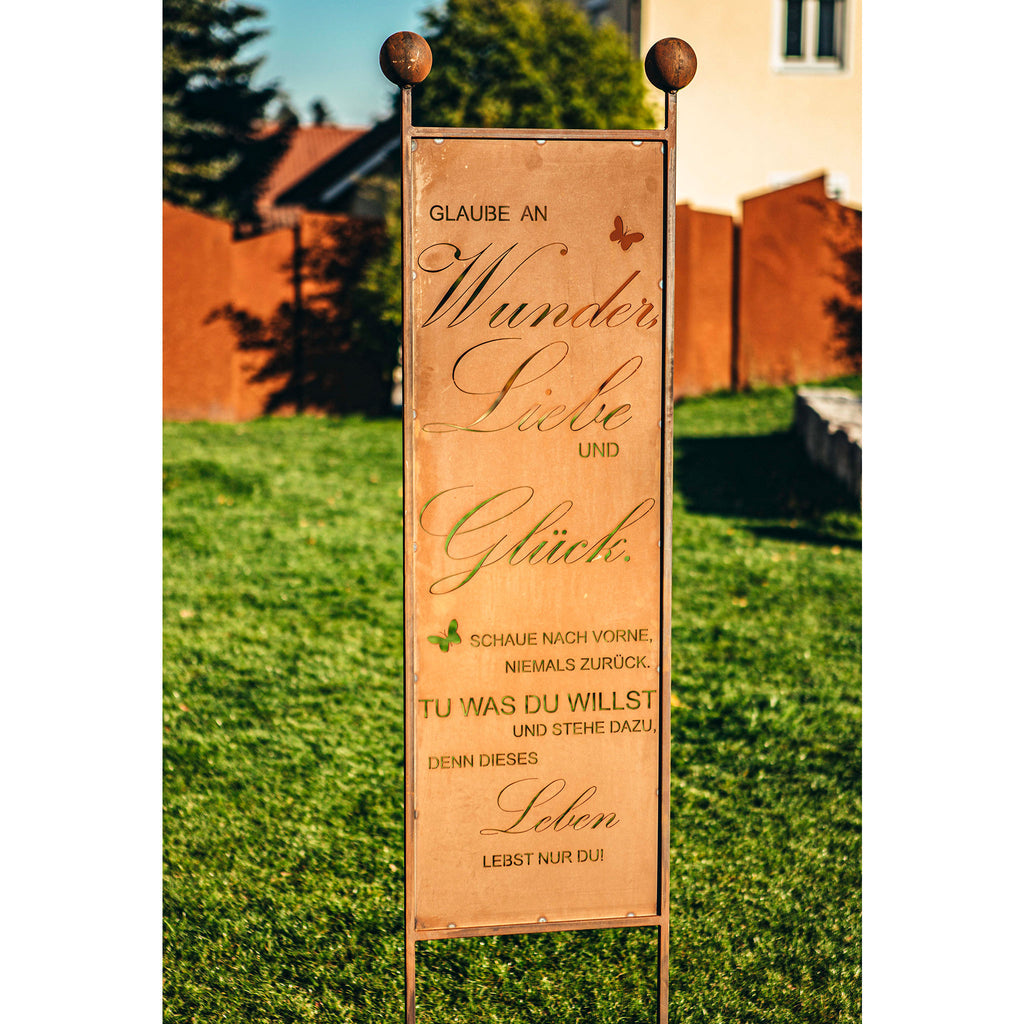 Gartenstecker XL aus Edelrost mit Spruch WunderLiebeGlück Rost Dekogartenschild