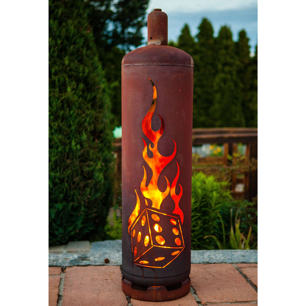 Gasflasche Würfel - Edelrost Feuersäule Würfelmotiv 128 cm Feuertonne Metall