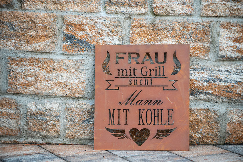 Edelrost Schild Gedichttafel - Frau sucht - Gartendeko Spruchschild Rost Deko