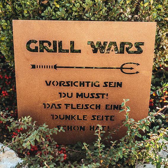 Edelrost Schild Gedichttafel - Grill Wars - Gartendeko Spruchschild Rost Deko