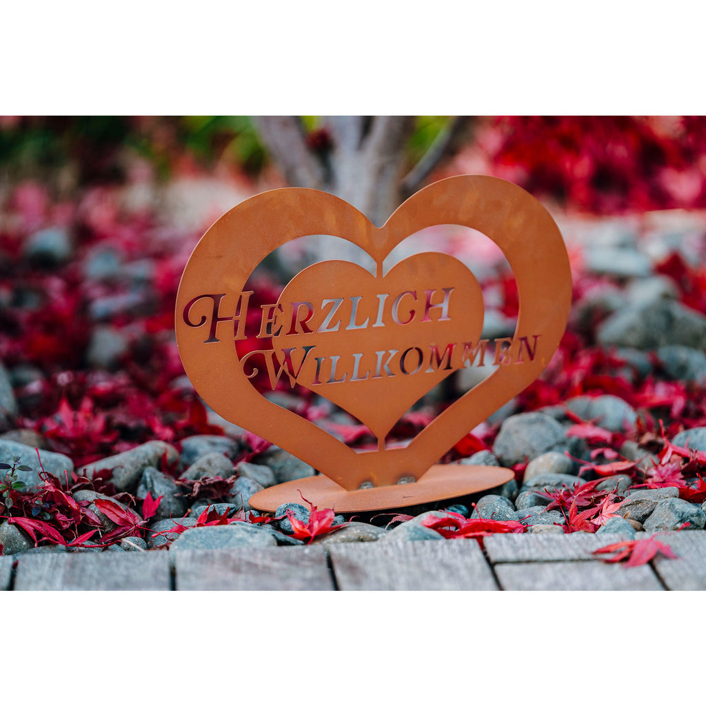 Edelrost Schild - Herz Dreifaches Willkommen - Rostige Deko Eingang