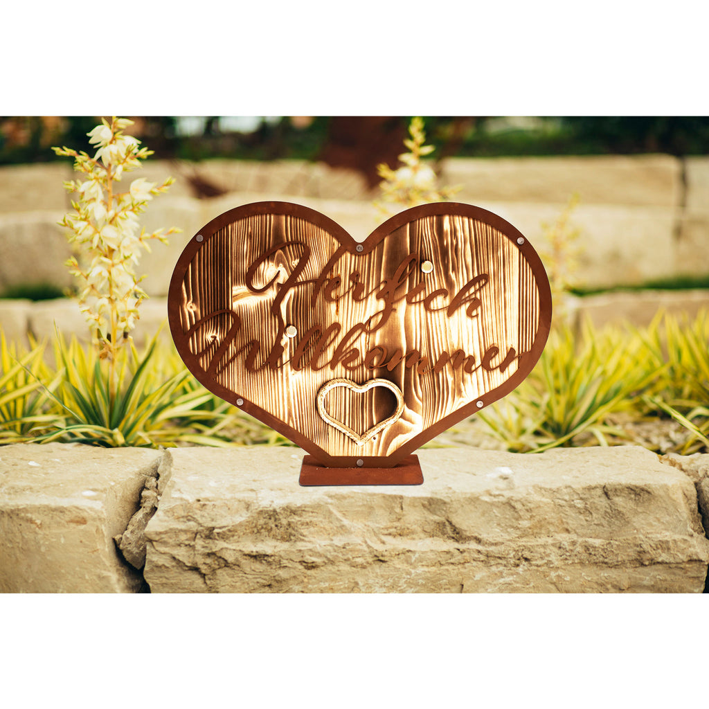 Holzherz - Herzlich Willkommen Holz-Edelrost-Kombination, Dekoration Eingang