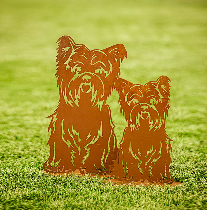 Tierfigur Metall - Hund - Bello - Edelrost Hundefigur auf Platte Gartenfigur