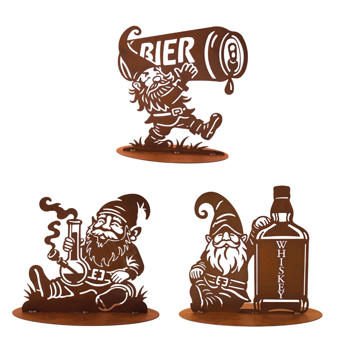 Party-Wichtel Set Bier, Whiskey & Bong – Edelrost Figuren auf Platte (3-teilig)