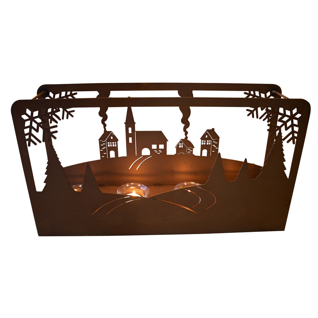 "LICHTERKASTEN - WINTERLANDSCHAFT" Edelrost Teelichthalter, Adventskranz Metall