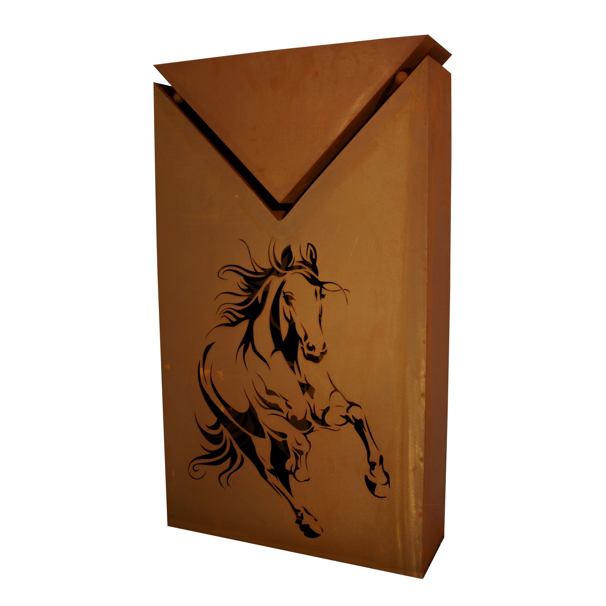 Säule Rostsäule mit Pferde Motiv im Edelrost Design Dreiecks-Säule Pflanzensäule