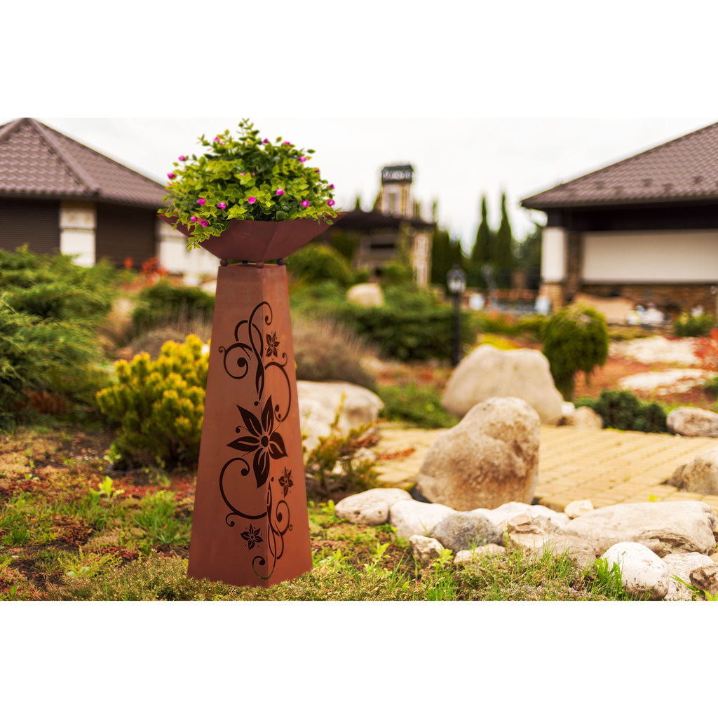 Rost Garten Säule Trapez - Blüte aus Metall im Edelrost Design Rostsäule Pflanzensäule