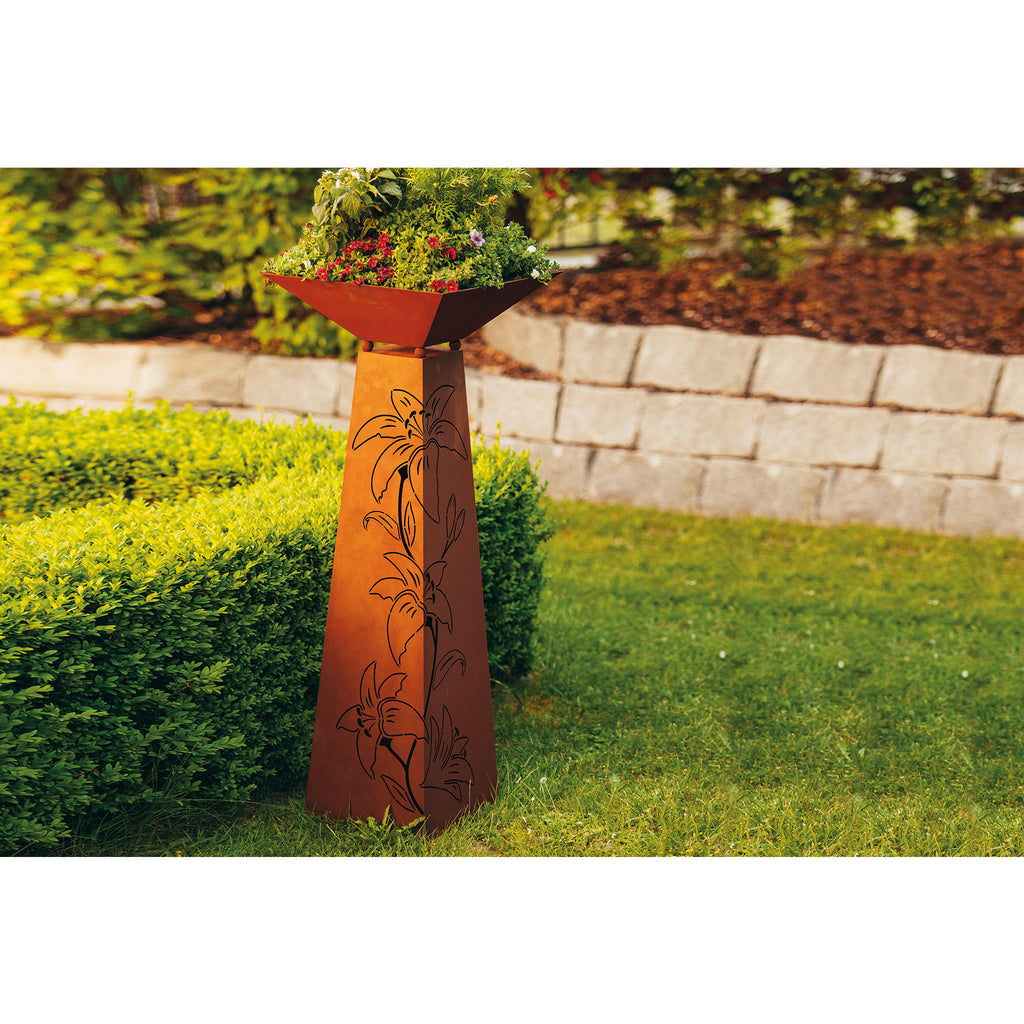 Pflanzsäule Rost Optik Trapez – Flower mit Ornamentmuster Säule Dekosäule
