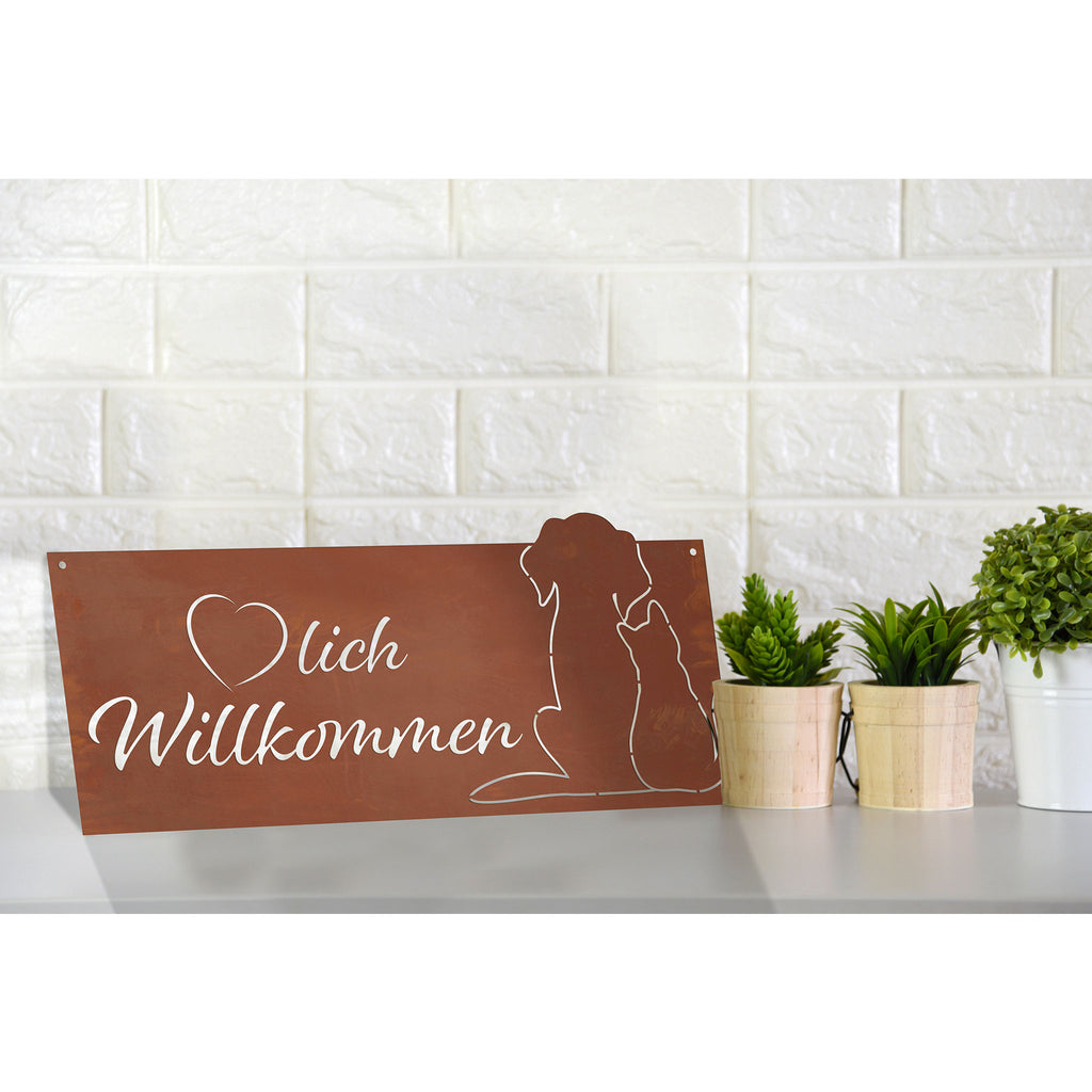 Schild - Tierisches Willkommen - im Edelrostdesign Türdeko Gartendeko Wanddeko