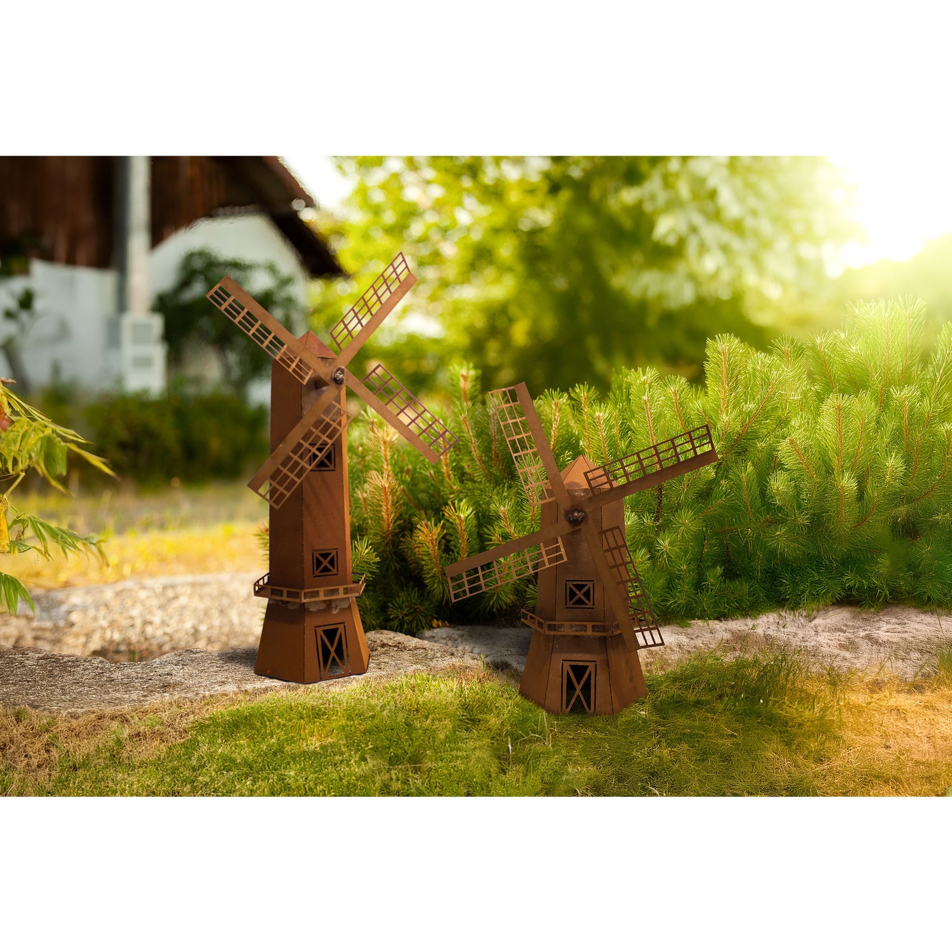Segelwindmühlen Edelrost Windmühlen mit drehbarem Mühlenrad, 2er-Set
