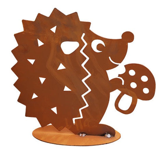 Tierfigur Metall - Igel mit Pilz - Edelrost Igelfigur mit Fliegenpilz auf Platte