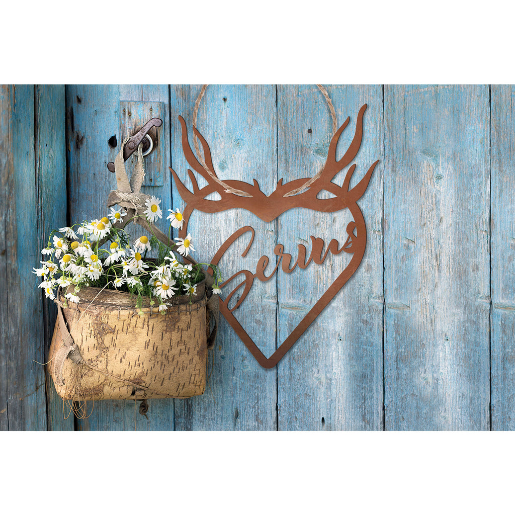 Türschmuck - Servus - mit Geweih im Edelrostdesign Türdeko Gartendeko Wanddeko
