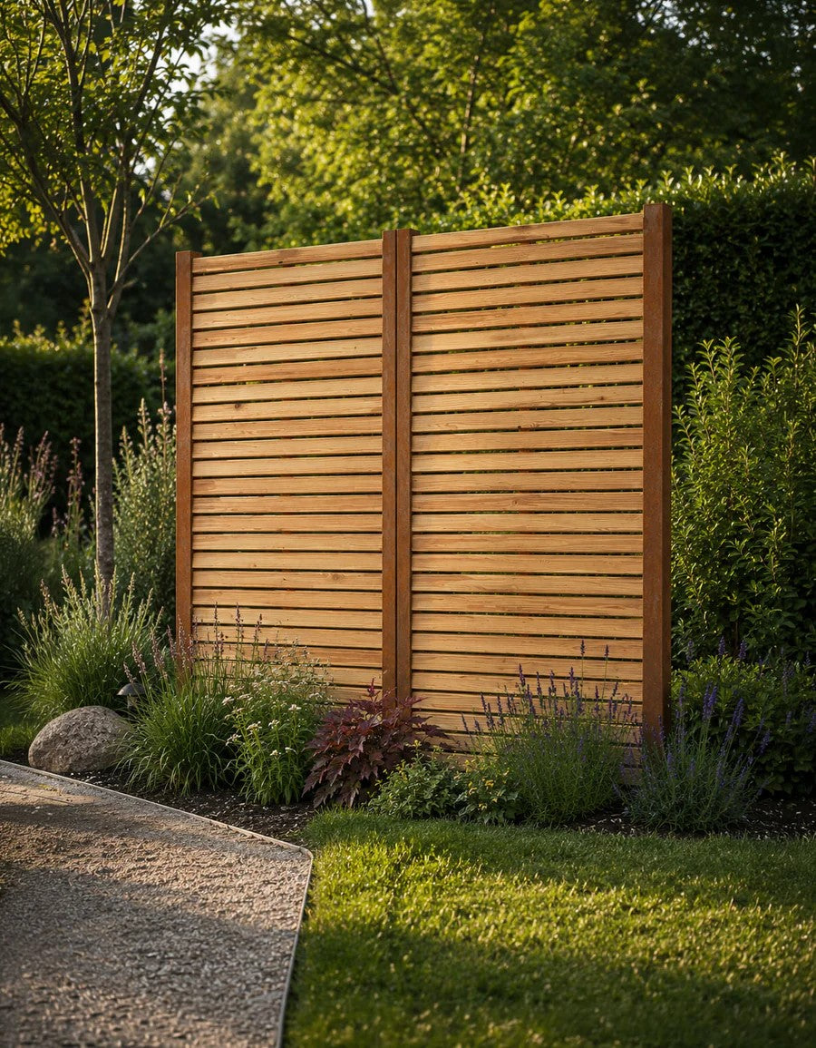 Sichtschutzwand Berlin aus Metall & Lärchenholz – 200 × 100 cm Trennwand modern