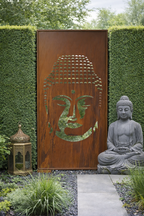 Parawand Buddha aus Edelrost 100 × 200 cm Dekorativer Sichtschutz für den Garten