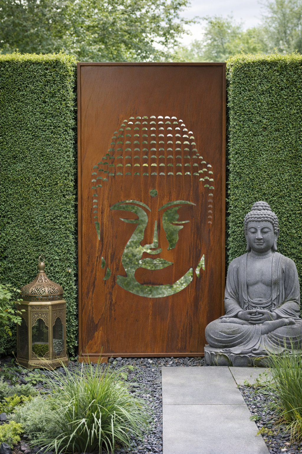 Parawand Buddha aus Edelrost 100 × 200 cm Dekorativer Sichtschutz für den Garten