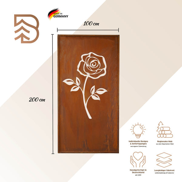 Edelrost Sichtschutzwand Rose 200 × 100 cm – Parawand für Garten