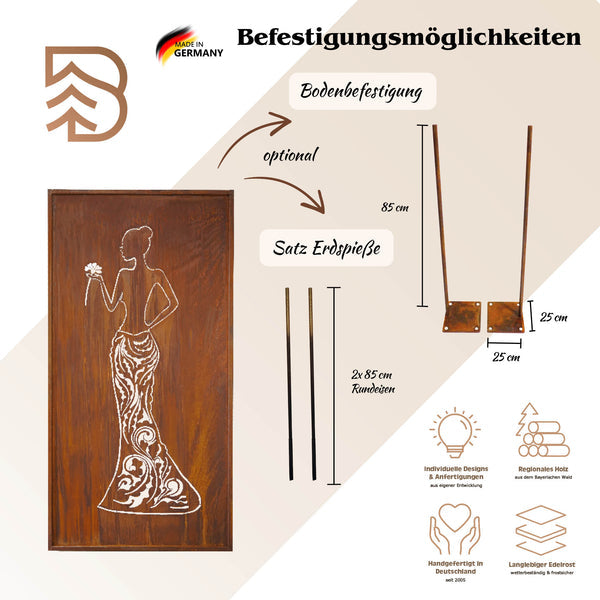 Edelrost Sichtschutzwand Frau Diana 200 × 100 cm – Parawand für Garten