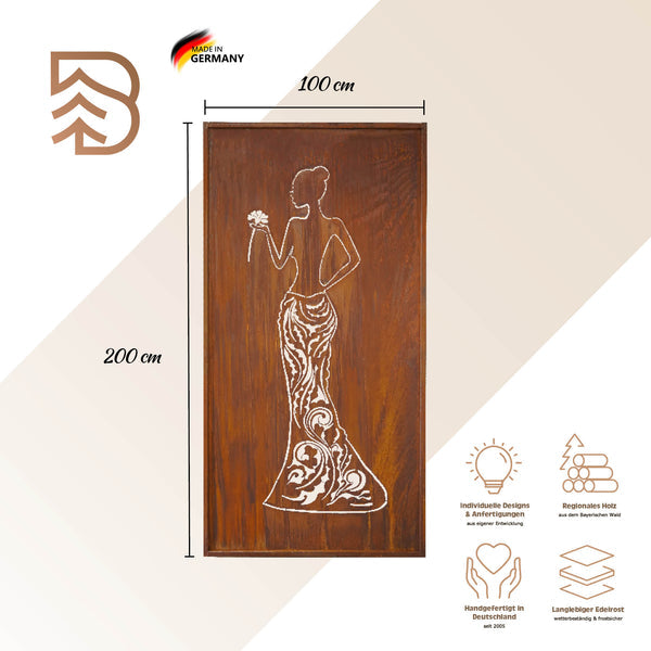 Edelrost Sichtschutzwand Frau Diana 200 × 100 cm – Parawand für Garten