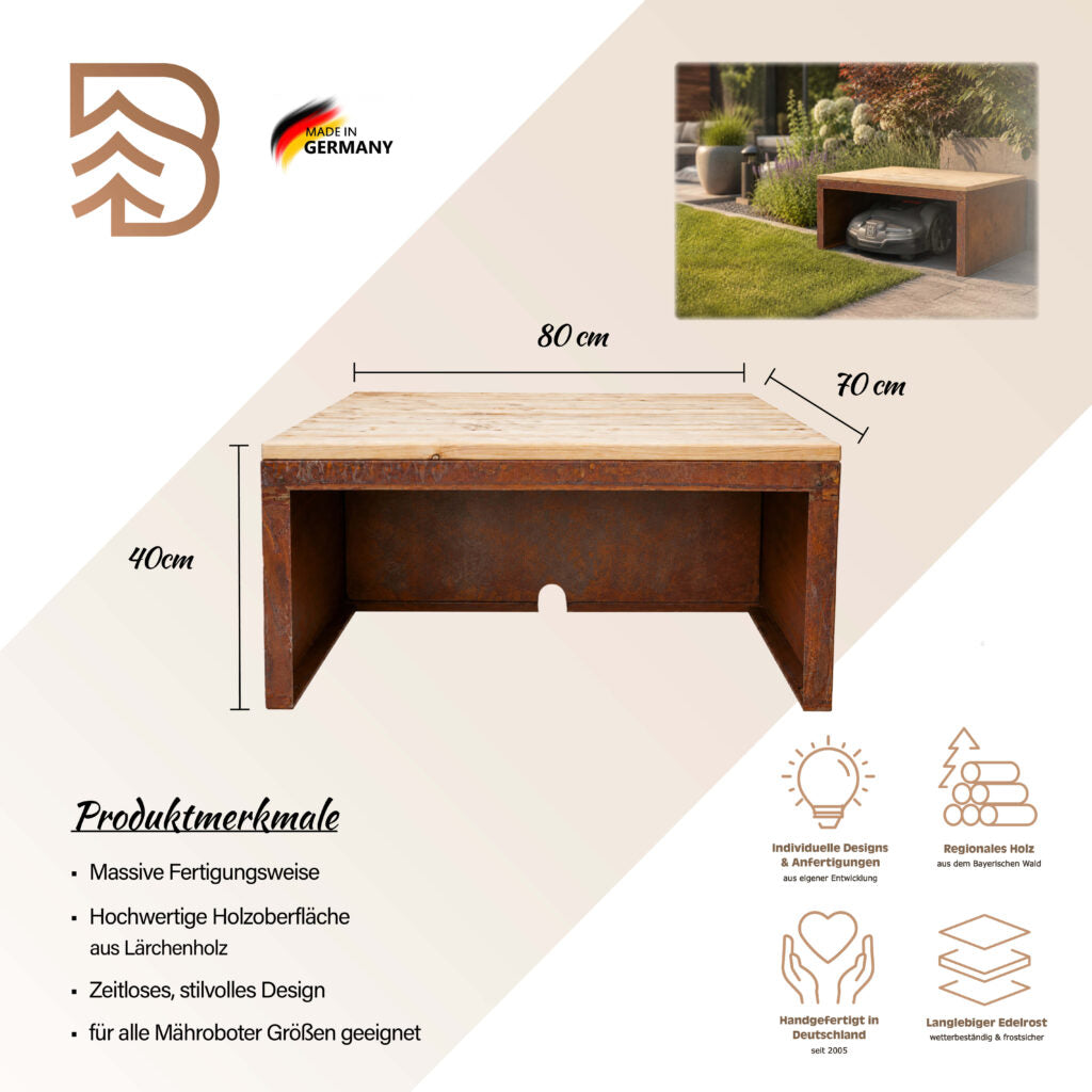 Mährobotergarage für den Garten aus Edelrost, 3 Varianten Made in Germany