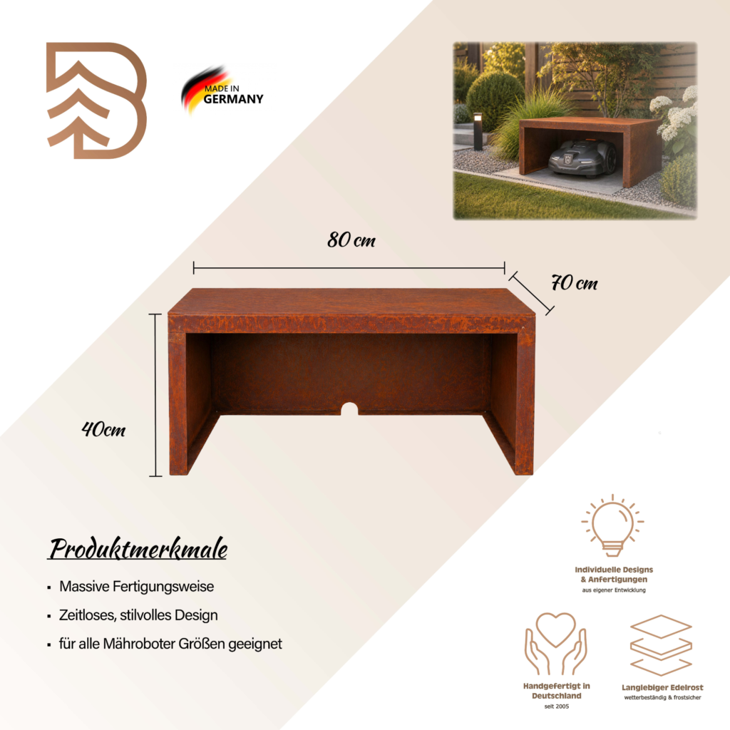 Mährobotergarage für den Garten aus Edelrost, 3 Varianten Made in Germany