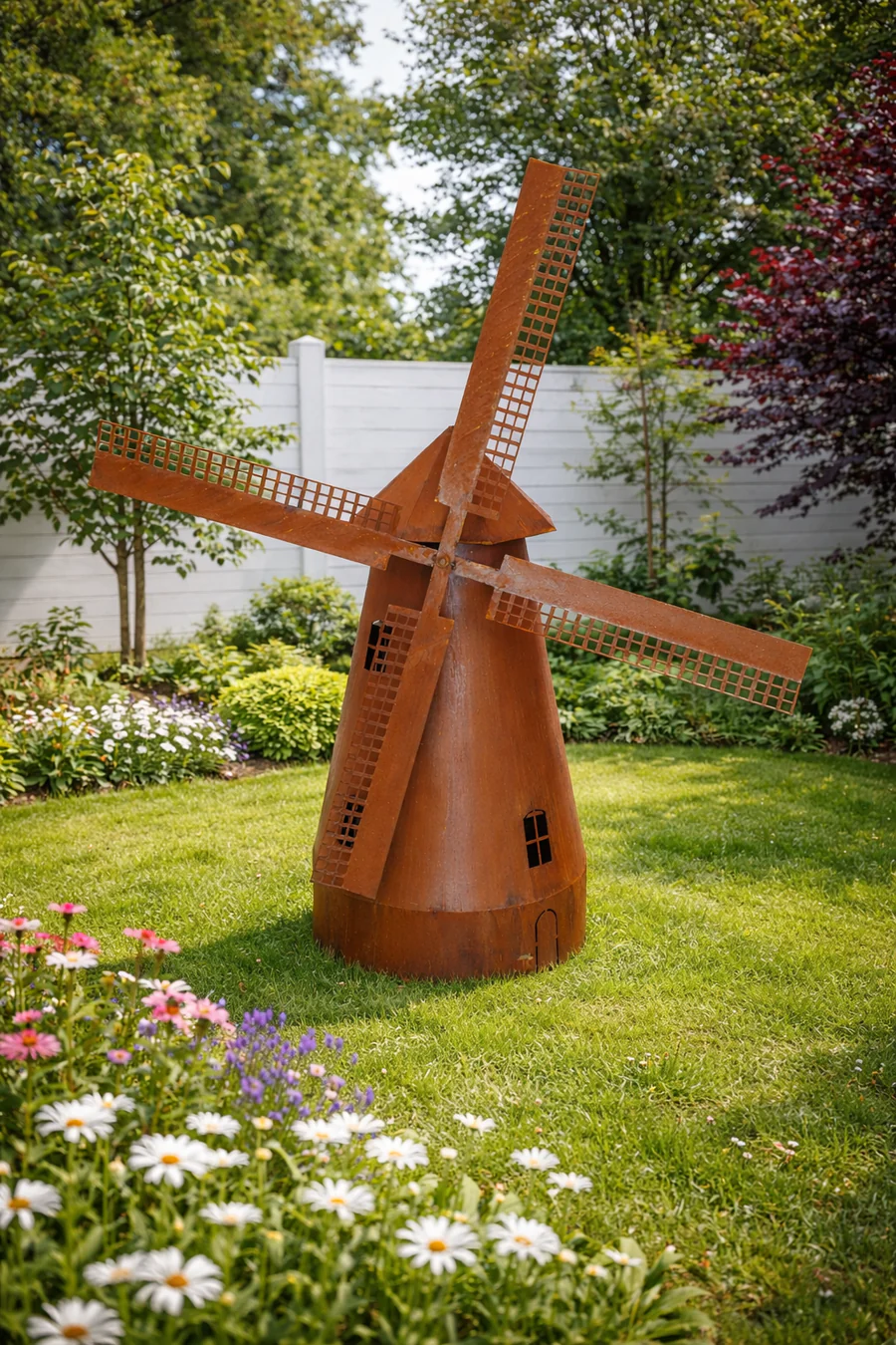 Garten Windmühle Metall Rostoptik 120 cm – Vintage Deko mit drehbaren Flügeln