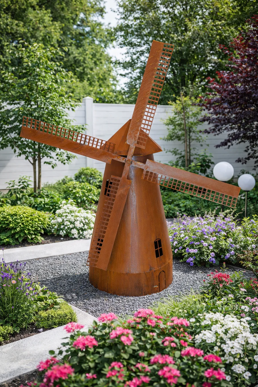 Garten Windmühle Metall Rostoptik 120 cm – Vintage Deko mit drehbaren Flügeln