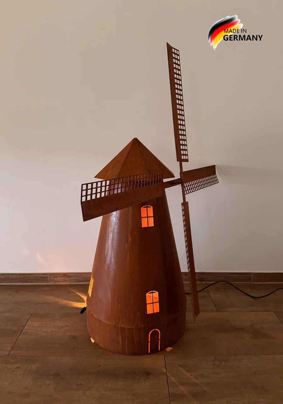Garten Windmühle Metall Rostoptik 120 cm – Vintage Deko mit drehbaren Flügeln