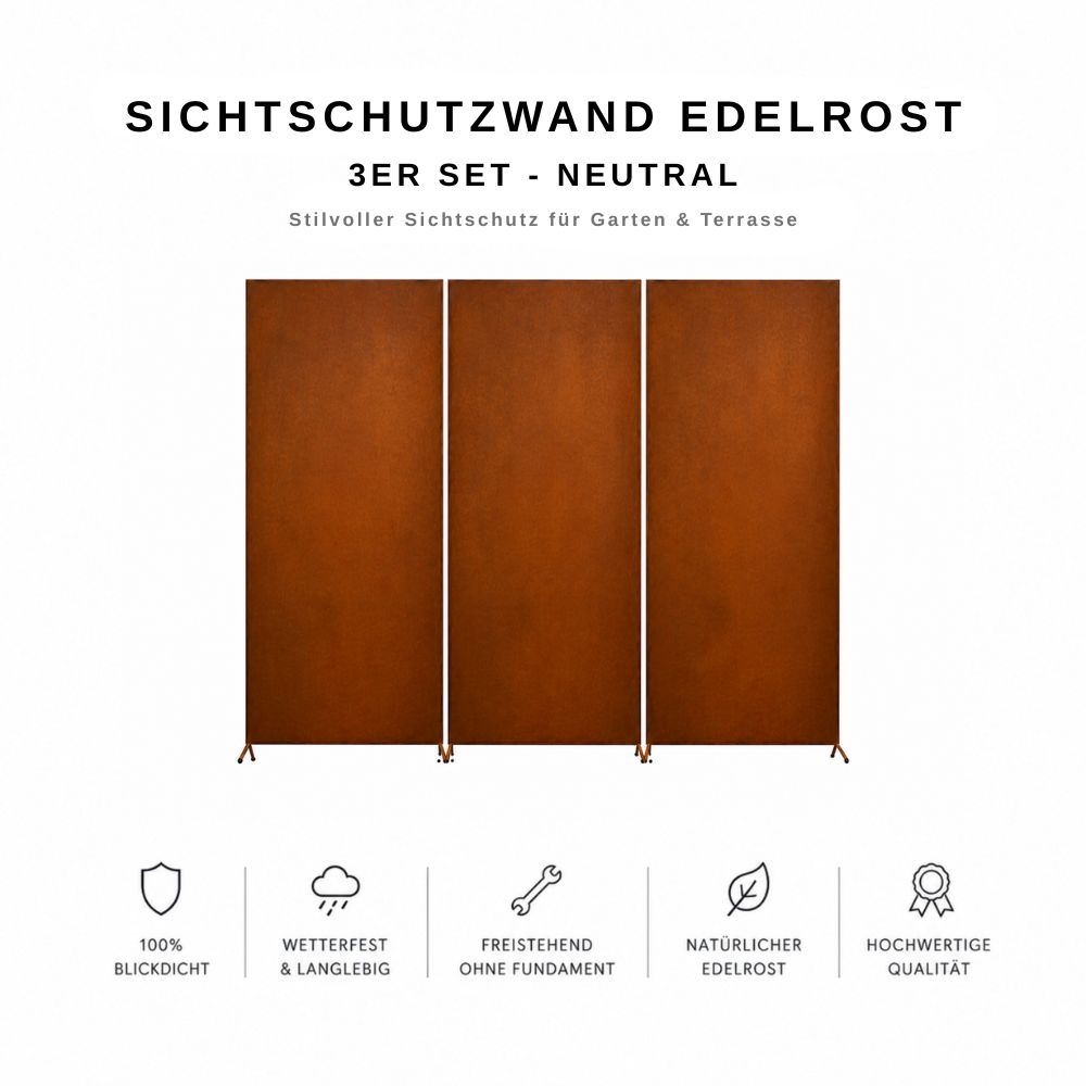 Sichtschutzzaun Metall 10 m Edelrost – 100 % blickdicht & modern, 10er Set