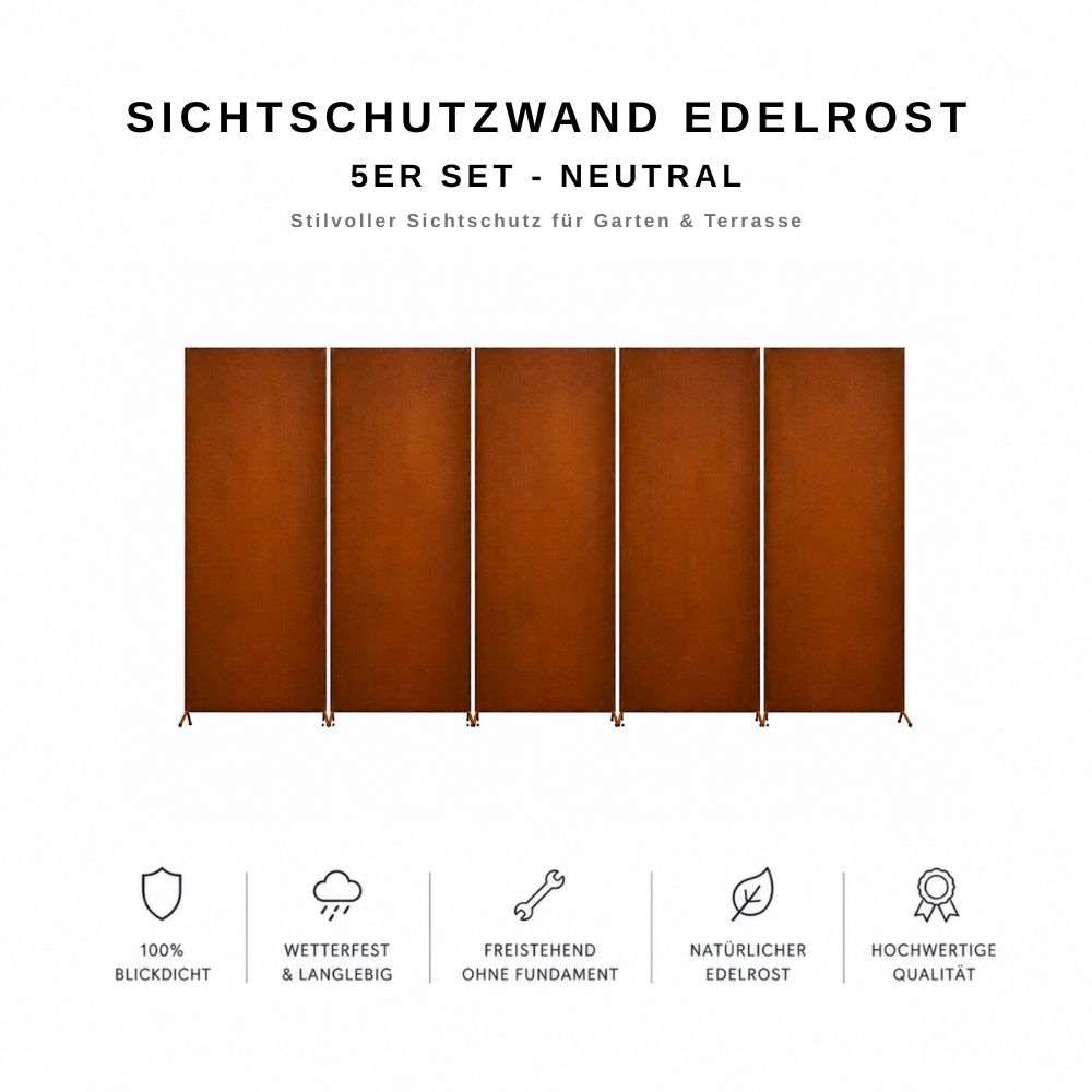 Sichtschutzzaun Metall 10 m Edelrost – 100 % blickdicht & modern, 10er Set